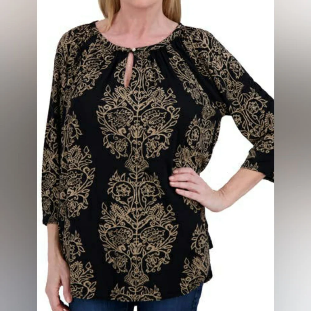 Lucky Brand Black Keyhole Detail Peasant Top Black & Tan Size 1X Boho
